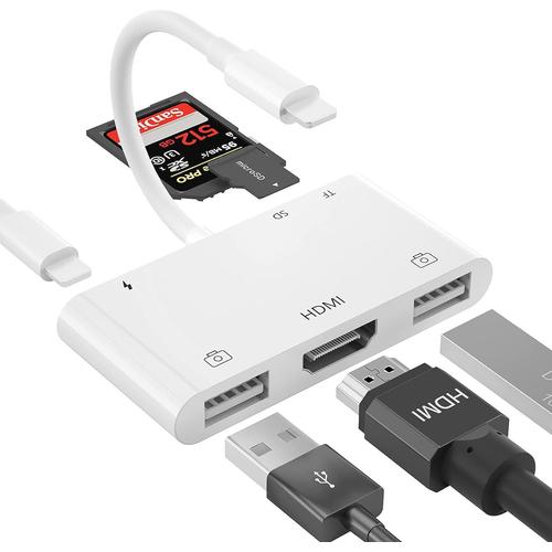 Adaptateur HDMI OTG pour iPhone, adaptateur USB HDMI, éclairage vers HDMI  Digital AV 6 en 1, lecteur de carte SD, adaptateur de caméra USB,  compatible avec iPhone, Pad, clavier MIDI
