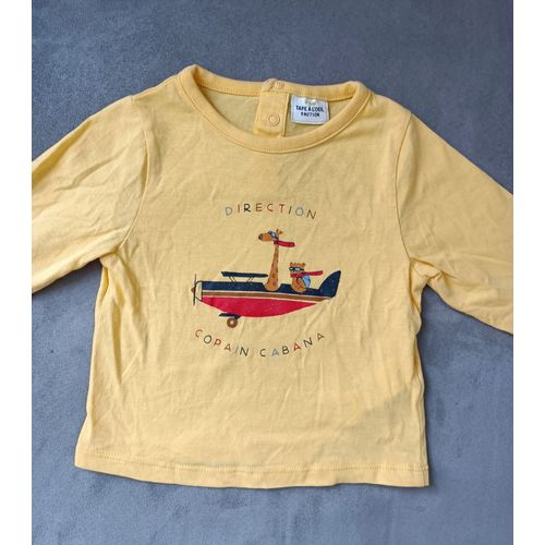 T Shirt Jaune Girafe Et Guepard Dans Un Avion. Manches Longues. Tape A L Oeil. 9 Mois. 71 Cm