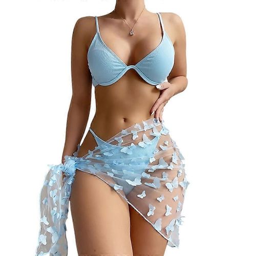 Maillot De Bain Dos Nu 3 Pièces Pour Femmes Maillots De Bain Solides Avec Paréos Papillon