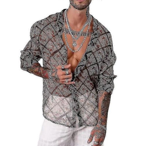 Chemise Transparente Respirante Imprimée En Maille Dense Décontractée Pour Hommes-