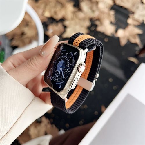 Élastique En Nylon Parachute Adapté À Apple Watch Iwatch1098 Représentant Avec Le Modèle Féminin Respirant Tissé Ultra2-Rayures Noires Et Oranges - Applicable : 38 Mm/40 Mm/41 Mm Universel