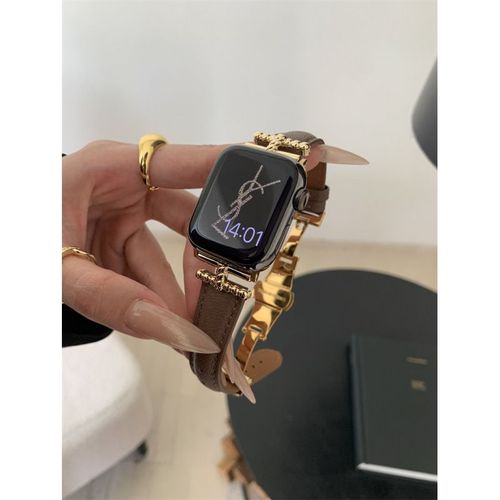 Bracelet Souple En Peau De Mouton Caviar Starlight Pour Apple Watch S10 Et Iwatch 98765se-Boucle Papillon Baguette - Marron Doré - 38/40/41 (10e Génération 42 Mm) Universel