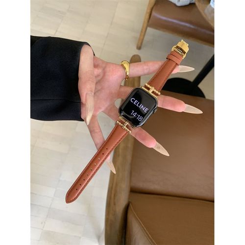 Bracelet Souple En Peau De Mouton Caviar Starlight Pour Apple Watch S10 Et Iwatch 98765se-Boucle Papillon Baguette - Marron Doré - 38/40/41 (10e Génération 42 Mm) Universel