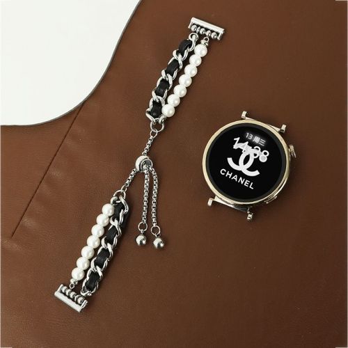 Convient Pour Bracelet Huawei Gt4 20/22 Mm, Petit Bracelet En Cuir De Style Parfumé, Bracelet En Perles, Montre 4/Pro, Femmes Seniors-Blanc (Nouvelle Chaîne De Perles Avec Ceinture Noire) - Compatib