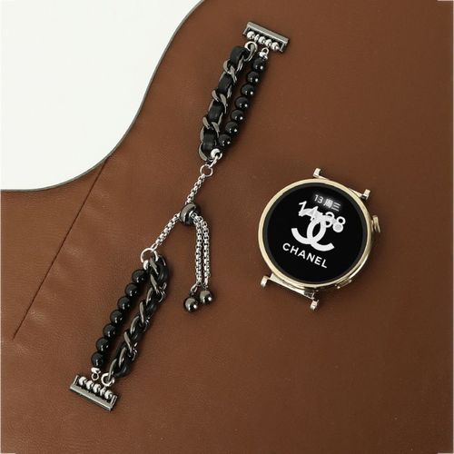 Convient Pour Bracelet Huawei Gt4 20/22 Mm, Petit Bracelet En Cuir De Style Parfumé, Bracelet En Perles, Montre 4/Pro, Femmes Seniors-Noir (Nouvelle Chaîne De Perles Avec Ceinture Noire) - Largeur D