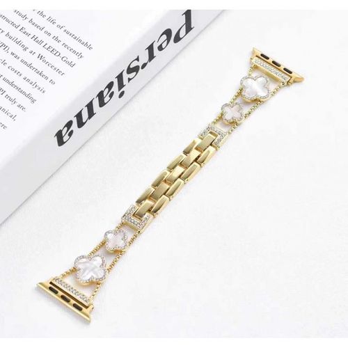 Nouveau Bracelet De Montre Apple En Métal Diamant Nacre Trèfle À Quatre Feuilles Adapté Au Bracelet De Montre Apple Watch S10 Génération 98765-Or + Blanc - 38/40/41 Mm [S10 42]