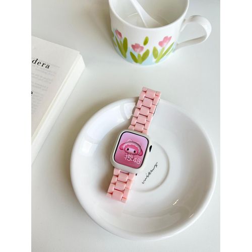 Bracelet De Montre Apple En Acrylique De Couleur Unie, Couleur Crème, Printemps Et Été, Adapté À L'étui Universel Iwatch 7 Génération 654-Coque Souple Rose Pêche + Blanc Antique - 45 Mm [Iwatch7]