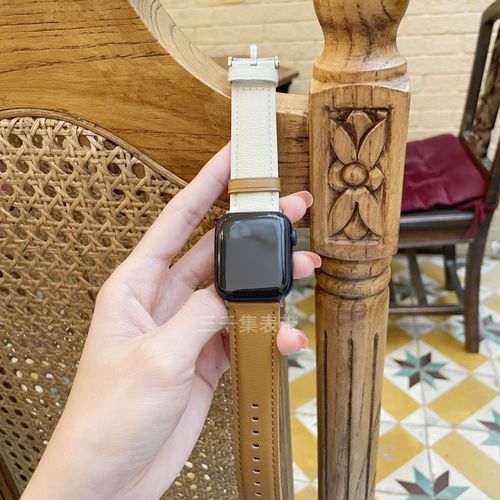 Bracelet En Cuir D'agneau Couleur Étoile Motif Litchi Adapté Au Bracelet De Montre Apple Iwatch S978 Bracelet En Cuir Véritable Pour Hommes Et Femmes-Cuir D'agneau Marron Et Blanc Cassé - 38 Mm/40 M