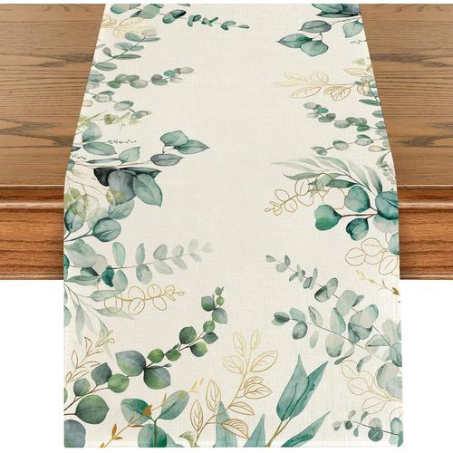 Eucalyptus Feuille Été Chemin De Table,Printemps Été Saisonnier Lin Vintage Lavable Cuisine Table Décoration Intérieur Vacances Mariage,Anniversaire,Communion,Confirmation Fête Décor 40x180cm