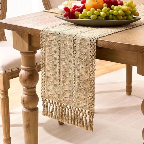 Macramé Chemin De Table Boho Marron Avec Glands Tissés À La Main En Coton Et Lin Rustique Chemin De Table De Ferme Pour Café Cuisine Salle À Manger Anniversaire 30x140cm