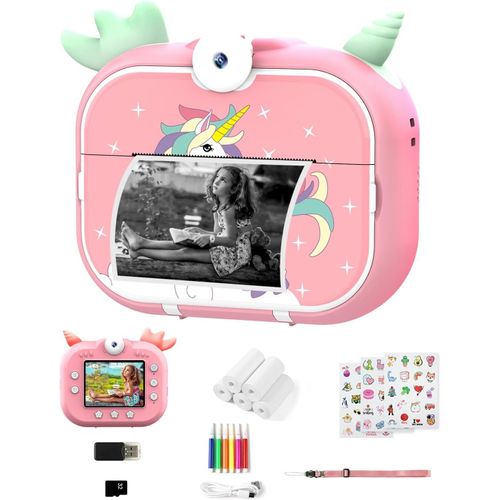 Appareil Photo Enfant Instantané, 2.4"" 1080P Hd Appareil Photo Instantané Numérique Avec 5 Rouleaux De Papier À Imprimer, 48Mp/180° Double Objectif, Cadeau Pour Filles Garçons 3-12 Ans(Rose)