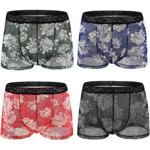 Ensemble Sexy Boxer Transparent Exposés Respirants 4pc Imprimé Dentelle Sous-Vêtements Pour Hommes Sous-Vêtements Sous-Vêtements Pour Hommes Pantalon Pyjama Flanelle Homme