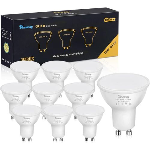 Ampoule Gu10 Led Blanc Froid 6500k,5w Équivalent 40w Incandescente,Ampoules Spot Led 450lm Larges Faisceaux 120°,Non-Dimmable Économie D'énergie,Lot De 10