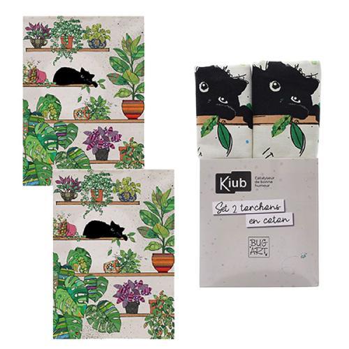 Set De 2 Torchons Chat Plantes Kiub