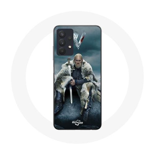 Coque Pour Samsung Galaxy A32 5g Vikings Série Saison 6 Ragnar Lothbrok Logo V Epée Gris Fond Brouillard