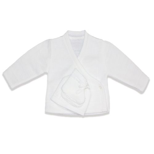 Brassière, Bonnet Et Chaussons Tricot De La Marque Les Chatounets, L'indispensable Dans Le Trousseau Naissance. Ouverture Cache C?ur Avec Petit Bouton Et Lien Taille 1 Mois