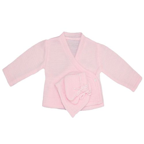 Brassière, Bonnet Et Chaussons Bébé En Tricot De La Marque Les Chatounets, L'indispensable Dans Le Trousseau Naissance. Ouverture Cache C?ur Avec Petit Bouton Et Lien Taille 0 Mois