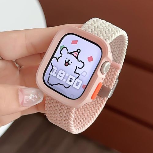 Compatible Avec Apple Watch 9, Bracelet De Montre Apple Watch S10, Iwatch 87645, Anneau Élastique En Nylon Tressé De Couleur Assortie-Rose Étoilé + Coquillage Rose - 44 Mm/45 Mm