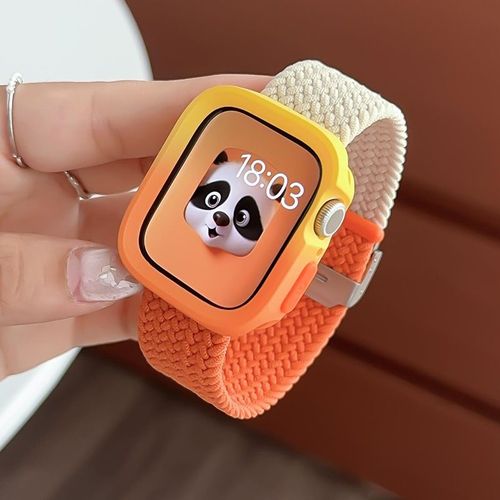 Compatible Avec Apple Watch 9, Bracelet De Montre Apple Watch S10, Iwatch 87645, Anneau Élastique En Nylon Tressé De Couleur Assortie-Starlight Avec Coque Ai Ma Orange + Jaune Orange - 44 Mm/45 Mm