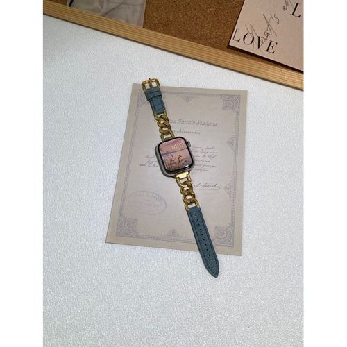 Bracelet En Cuir Véritable Avec Coutures En Acier Inoxydable, Compatible Avec Apple Watch 789, Apple Watch Se654, Couleur Denim-Jean Doré Vieilli - 38 Mm/40 Mm/41 Mm Universel