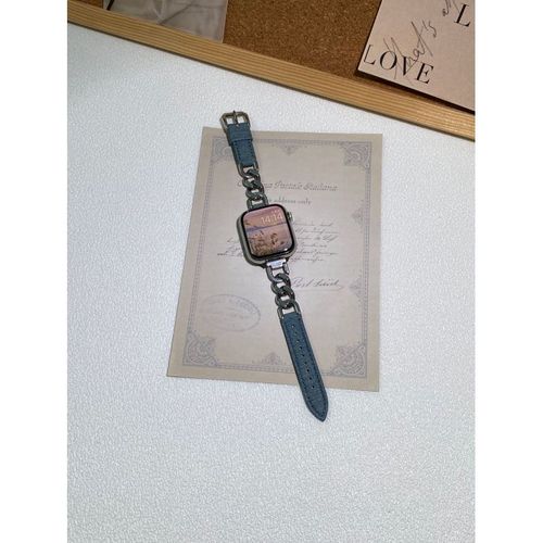 Bracelet En Cuir Véritable Avec Coutures En Acier Inoxydable, Compatible Avec Apple Watch 789, Apple Watch Se654, Couleur Denim-Denim Vieilli (1/2/3 Génération 42 Mm)/44/45/49 Mm