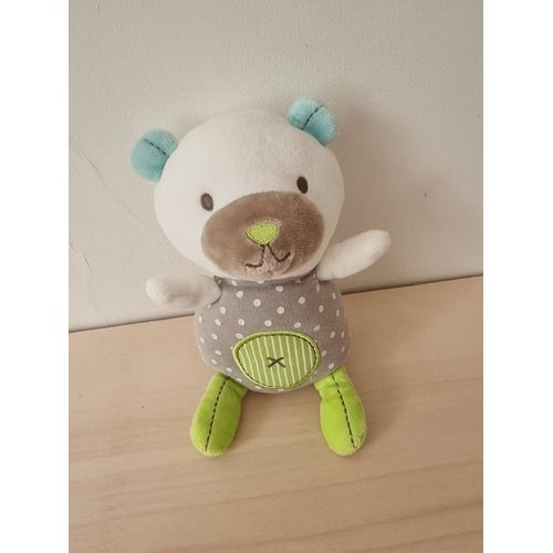 Doudou Ours Gris Blanc Vert Pommette