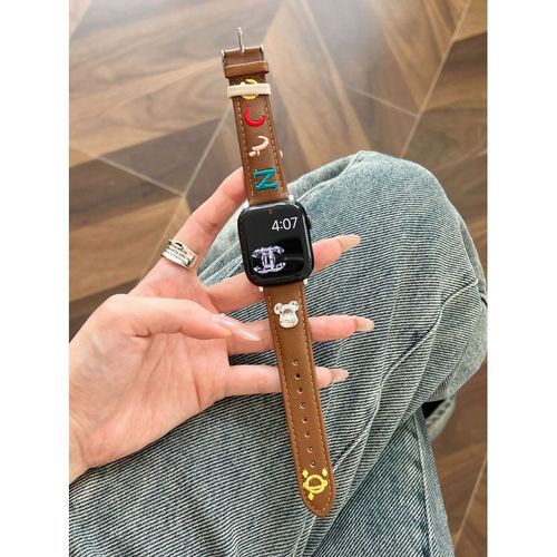 Bracelet De Montre Brodé En Métal Avec Lettre D'ours, Compatible Avec Apple Watch Iwatch 98 Génération 76 Cross-Border-Marron Foncé - Applicable : 38mm/40mm/41mm Universel