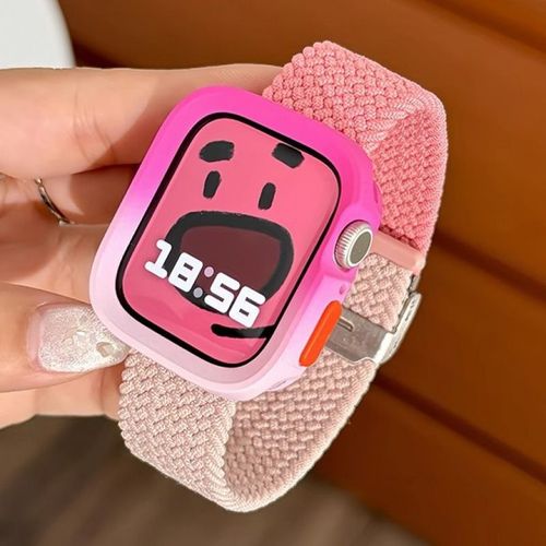 Compatible Avec Apple Watch 9, Bracelet De Montre Apple Watch S10, Iwatch 87645, Anneau Élastique En Nylon Tressé De Couleur Assortie-Sable Rose + Coquillage Dégradé Rose Rouge - S10 46 Mm
