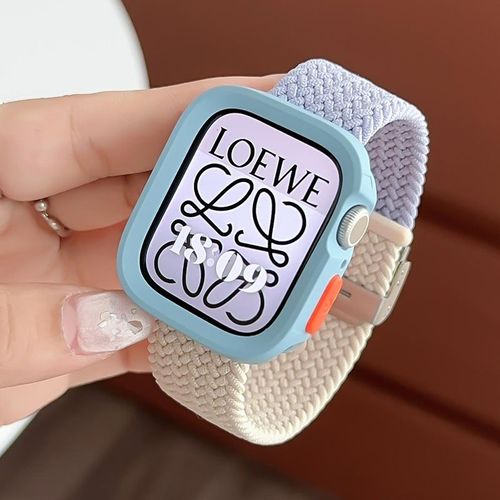 Compatible Avec Apple Watch 9, Bracelet De Montre Apple Watch S10, Iwatch 87645, Anneau Élastique En Nylon Tressé De Couleur Assortie-Étoile Violette Brumeuse + Coque Bleu Clair - S10 46 Mm