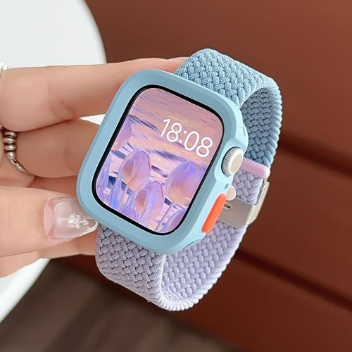 Compatible Avec Apple Watch 9, Bracelet De Montre Apple Watch S10, Iwatch 87645, Anneau Élastique En Nylon Tressé De Couleur Assortie-Violet Brouillard Avec Vert Roche + Coque Bleu Clair - 44 Mm/45