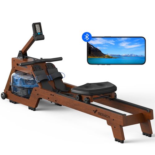 Rameur À Eau D'appartement - Merach, Chaise Ergonomique Confortable, Bois Massif, Connecté App Zwift, Kinomap, Max Charge: 150 Kg