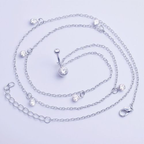 3pcs Bijoux Longue Chaîne Croisée Double Diamant Boucle De Nombril Chaîne De Taille-Blanc
