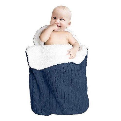 Gigoteuse Tricotée Pour Bébé, Laine D'agneau, Lange Multifonction, Couverture Douce Et Chaude, 68 X 38 Cm, Blanc, Bleu Foncé, Gris Clair