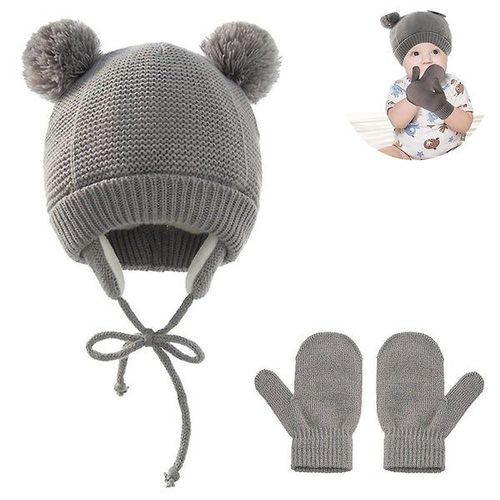 Ensemble Bonnet Et Gants En Laine Et Coton Pour Enfants De 1 À 4 Ans, Cache-Oreilles Chauds Pour L'hiver, Disponible En Bleu Marine, Gris Et Rose