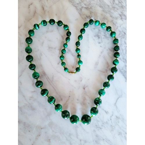 Superbe Collier En Malachite Perles Vertes De Verre Unique Vintage Naturel Fermoir Doré