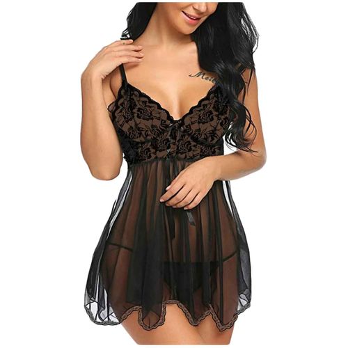 Robe De Nuit En Dentelle Fine Et Courte Pour Femmes,Lingerie Noire Sexy,Ensemble String,Vêtements De Nuit,Chemise De Nuit Dos Nu,Pyjamas Chauds