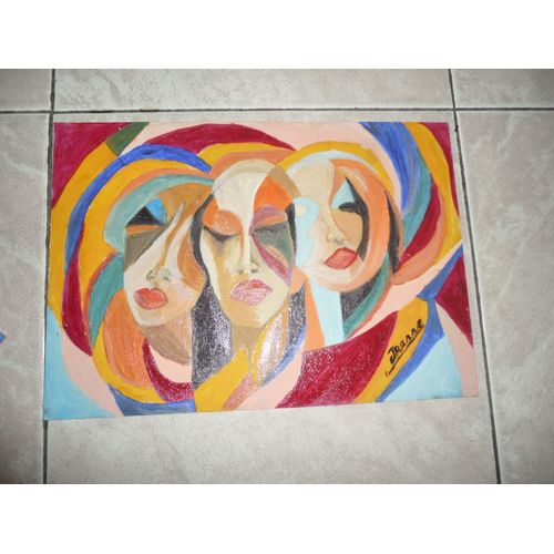 Visage Abstrait Tableau Peint Main Acrylique Sur Papier Dessin 24x32 A Mettre Sous Verre