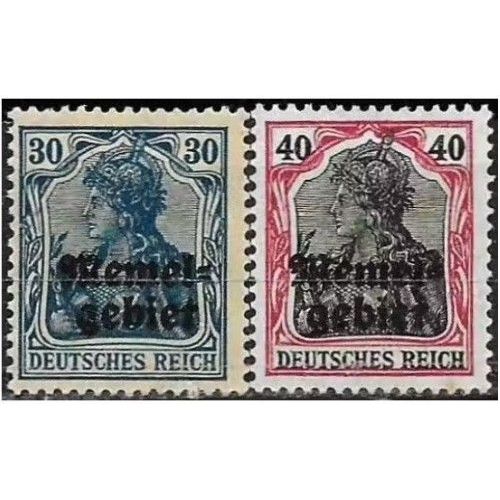 Lituanie, Enclave De Memel Sous Adm. Française 1920, Beaux Timbres Neufs* Yvert 7 Et 8, Types Germania 30pf. Bleu Vert Et 40pf. Carmin Et Noir Surchargés "Memel Gebiet".