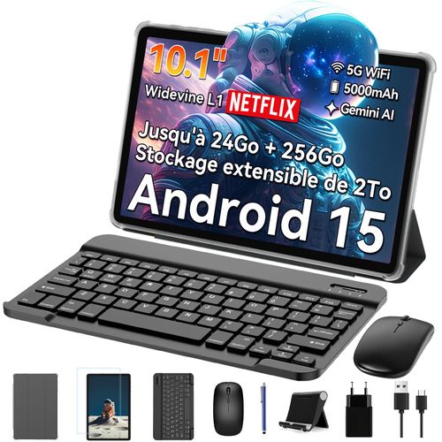 Tablette Tactile TABWEE T20 10.1" RAM 24Go ROM 256Go-SD 2To, 5G WiFi, Android 15, IA Gemini 2.0,Avec Clavier,Etui,Stylet,Souris.