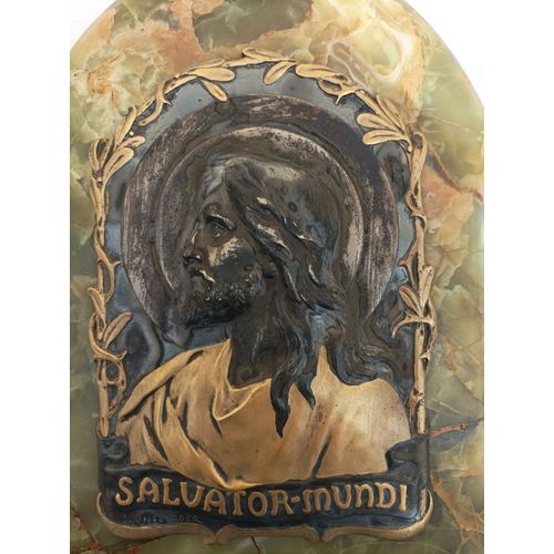 Buste de Christ en laiton sur plaque de marbre vert et bénitier en cristal
