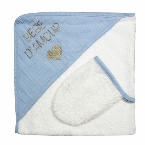 Sortie De Bain + Gant Bébé "Bebe D Amour" Bleu Les Chatounets