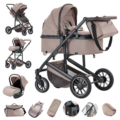 Poussette 3 En 1 Avec Siège Auto Portable Compacte Ressorts Absorbant Les Chocs Châssis En Alliage D'aluminium.Khaki