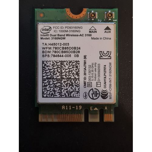 Intel® Wireless - AC 3160NGW - Dual Band 2.4/5 Ghz - Bluetooth