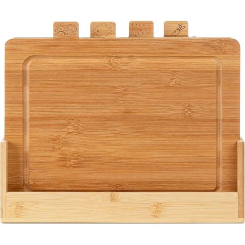 Ensemble De 4 Planches À Découper En Bambou Avec Support Chef I Planches Naturelles Avec Rigoles Pour Jus I Antibactériennes I Planches Universelles Pour Fromage,Viande,Fruits,Légumes