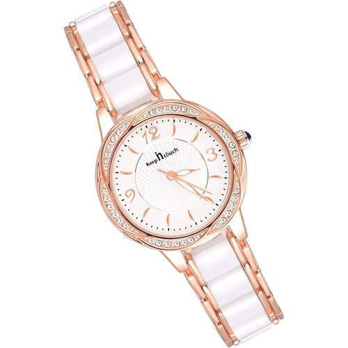 Montres Bracelet Femme Montres Quartz À Cadran Rond Avec Strass Luxe Montre Or Rose Pour Dame Fille Cadran À Chiffres Arabes En Céramique Montre Elegante Avec Bande En Acier Inoxydable