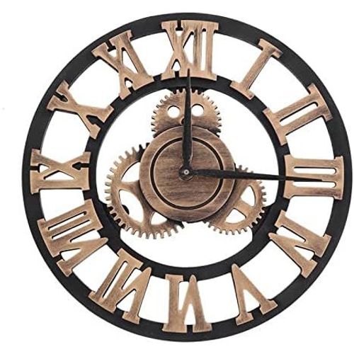 Horloge Murale Silencieuse Vintage,Pendule Murale Chiffres Romains 3D Roue Dentée Style Vintage Horloge Murale Ronde En Bois Industriel Décoration Pour Salon Cuisine Chambre Diamètre 30Cm