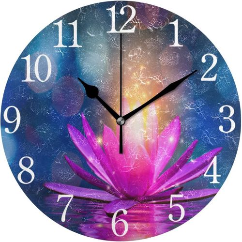 Indien Lotus Rose Étincelle Zen Horloge Murale Rond,Peinture À L'Huile Silent Non Ticking Pour Chambre Salon Bureau École Décor À La Maison