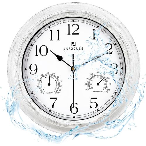 30Cm Horloge Murale Exterieure Etanche Avec Thermomètre Et Hygromètre,Vintage Blanc Pendule Murale Retro,Silencieuse Shabby Chic Deco Pour Extérieur,Jardin,Balcon,Salle De Bain,Cuisine