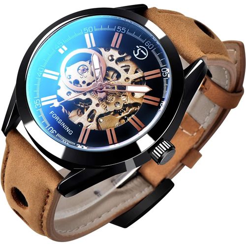 Montre Automatique Pour Homme,Montre Squelette Automatique Mécanique Analogique Décontractée Sport En Cuir Marron,¿ 24x2x1.4 Cm,Classique