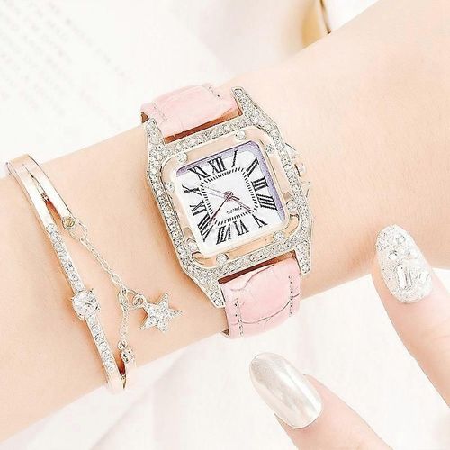 Montre À Quartz À Bracelet Carré Tonneau Pour Femmes, Couleur : Rose + Bracelet